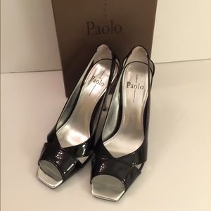 Linea Paolo 8 Black Patent Open Toe Heels MSRP 129